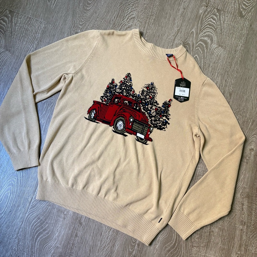 Chaps Ralph Lauren Knit Sweater Mens Large NWT Woven Truck Graphic Cream